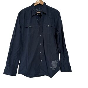 REWIRE Pearl Snap Shirt Black Rose Slim Fit Western Skull Biker Grunge Large